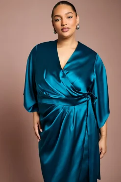 Robe Midi Portefeuille à Plis Frontaux en Satin Plus