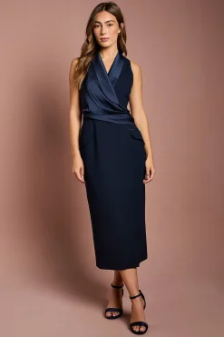 Robe Midi Portefeuille Sans Manches en Crêpe Satiné