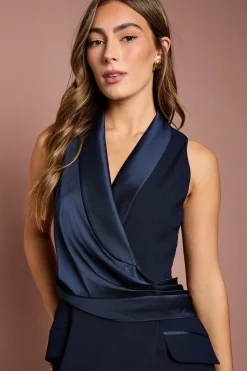 Robe Midi Portefeuille Sans Manches en Crêpe Satiné