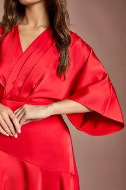 Robe Midi Portefeuille à Volants en Crêpe Satiné