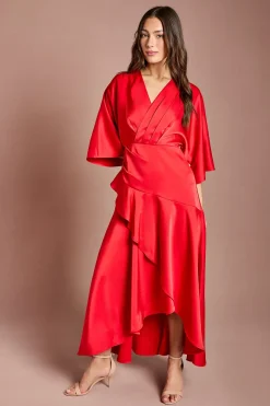 Robe Midi Portefeuille à Volants en Crêpe Satiné