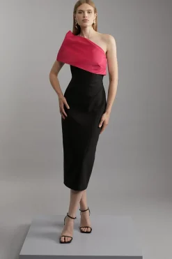 KarenMillen Robe midi pour grande taille, épurée et ajustée en taffetas à panneau unique sur une épaule<Femme Tailleurs|Robes Mi-Longues