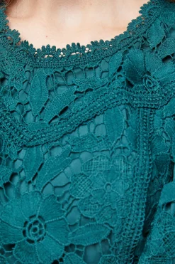 Robe Midi Péplum à Manches Bouffantes avec Détails de Dentelle