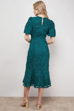 Robe Midi Péplum à Manches Bouffantes avec Détails de Dentelle