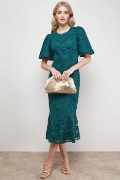 Robe Midi Péplum à Manches Bouffantes avec Détails de Dentelle