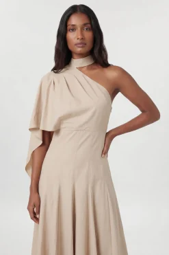 Robe Midi Premium Ajustée En Lin À Col Montant Et Épaule Asymétrique