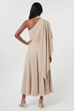 Robe Midi Premium Ajustée En Lin À Col Montant Et Épaule Asymétrique