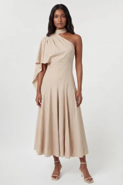 Robe Midi Premium Ajustée En Lin À Col Montant Et Épaule Asymétrique