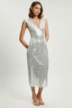 KarenMillen Robe Midi Premium En Jersey À Encolure Plongeante Sans Manches Ornée De Cristaux<Femme Robes Mi-Longues|Robes