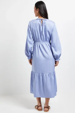 Robe Midi Rayée à Corsage Froncé et Volants Étagés Petite