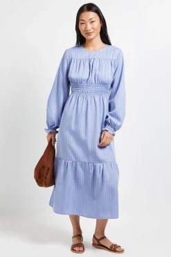 Robe Midi Rayée à Corsage Froncé et Volants Étagés Petite