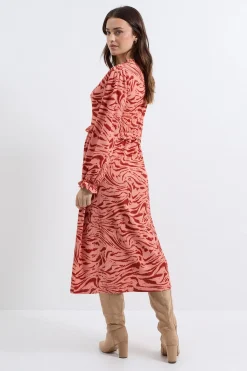 Dorothy Perkins Robe Midi Rose à Imprimé Animal avec Col à Volants et Manches Bouffantes<Femme Robes|Robes Mi-Longues