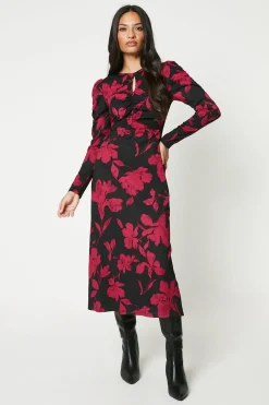 Dorothy Perkins Robe Midi Rouge à Fleurs avec Décolleté Goutte d'Eau<Femme Robes Mi-Longues|Robes À Manches Longues