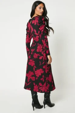 Dorothy Perkins Robe Midi Rouge à Fleurs avec Décolleté Goutte d'Eau<Femme Robes Mi-Longues|Robes À Manches Longues