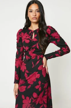 Dorothy Perkins Robe Midi Rouge à Fleurs avec Décolleté Goutte d'Eau<Femme Robes Mi-Longues|Robes À Manches Longues