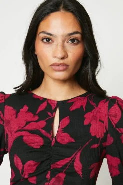 Dorothy Perkins Robe Midi Rouge à Fleurs avec Décolleté Goutte d'Eau<Femme Robes Mi-Longues|Robes À Manches Longues