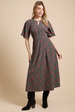 Robe Midi Rouge À Imprimé Fleuri Avec Empiècement En Dentelle, Encolure Goutte D'eau Et Manches Papillon