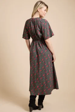 Robe Midi Rouge À Imprimé Fleuri Avec Empiècement En Dentelle, Encolure Goutte D'eau Et Manches Papillon