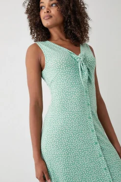 Robe Midi Sage à Pois Boutonnée