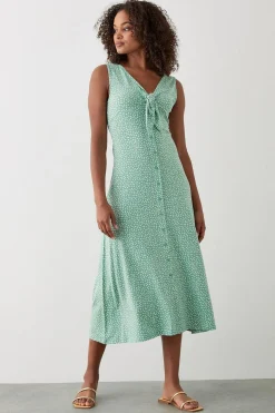 Robe Midi Sage à Pois Boutonnée
