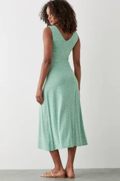 Robe Midi Sage à Pois Boutonnée