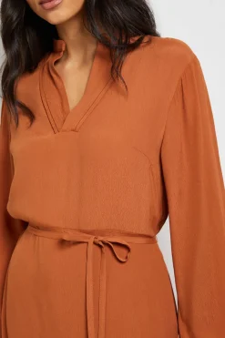 Robe Midi Sans Col en Viscose avec Détails de Coutures
