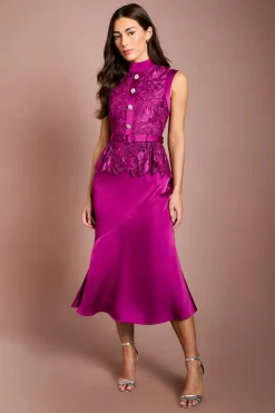 Coast Robe Midi Sans Manches Avec Corsage En Dentelle Et Jupe En Satin<Femme Robes Mi-Longues|Satin Et Dentelle