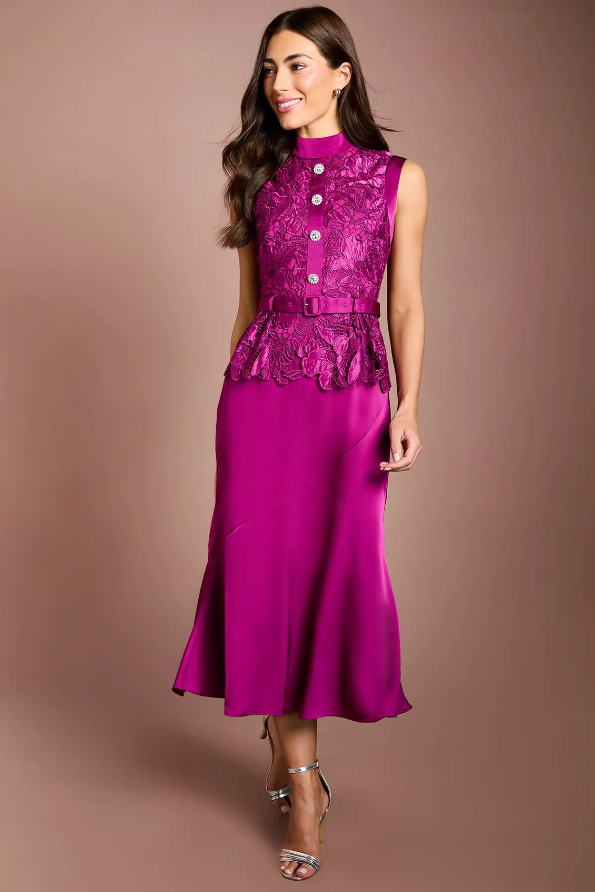 Coast Robe Midi Sans Manches Avec Corsage En Dentelle Et Jupe En Satin<Femme Robes Mi-Longues|Satin Et Dentelle