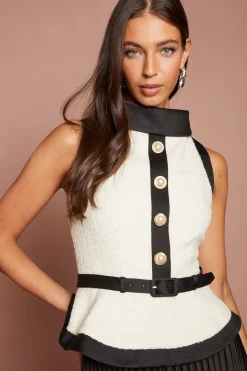 Robe Midi Sans Manches Corsage En Tweed Boutons Strass Jupe Plissée En Satin