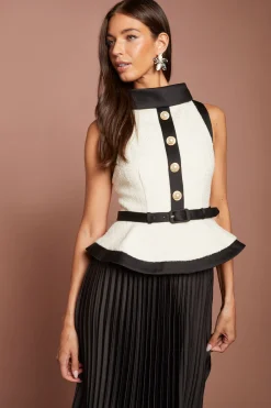 Robe Midi Sans Manches Corsage En Tweed Boutons Strass Jupe Plissée En Satin