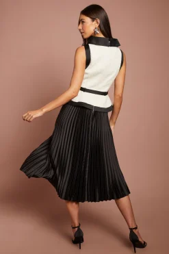 Robe Midi Sans Manches Corsage En Tweed Boutons Strass Jupe Plissée En Satin