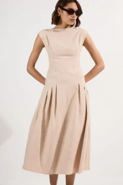 Robe midi sans manches de printemps en tweed ajustée à jupe pleine