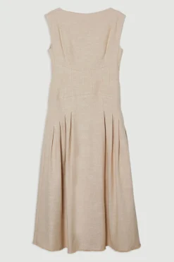 Robe midi sans manches de printemps en tweed ajustée à jupe pleine