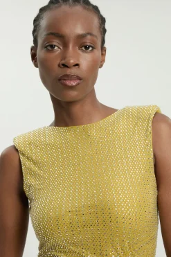 Robe Midi Sans Manches À Détails Froncés Ornée De Cristaux