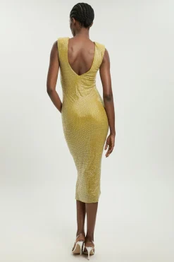 Robe Midi Sans Manches À Détails Froncés Ornée De Cristaux