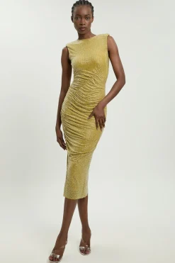 Robe Midi Sans Manches À Détails Froncés Ornée De Cristaux