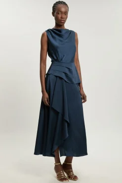 KarenMillen Robe Midi Sans Manches À Détail Volant En Satin Texturé Petite<Femme Robes Mi-Longues|Satin Et Dentelle