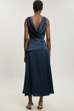 KarenMillen Robe Midi Sans Manches À Détail Volant En Satin Texturé Petite<Femme Robes Mi-Longues|Satin Et Dentelle