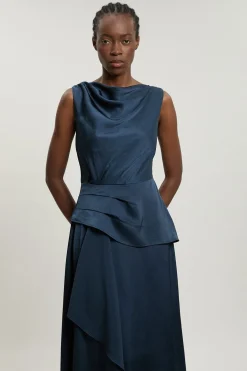 KarenMillen Robe Midi Sans Manches À Détail Volant En Satin Texturé Petite<Femme Robes Mi-Longues|Satin Et Dentelle
