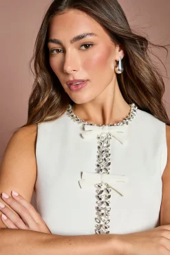 Robe Midi Sans Manches en Crêpe avec Détail Nœud en Strass