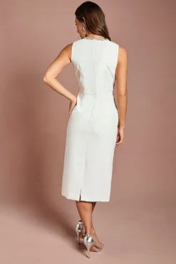 Robe Midi Sans Manches en Crêpe avec Détail Nœud en Strass