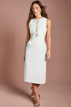 Robe Midi Sans Manches en Crêpe avec Détail Nœud en Strass