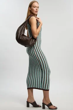 Robe Midi Sans Manches En Maille Pointelle À Col Contrastant Petite Taille