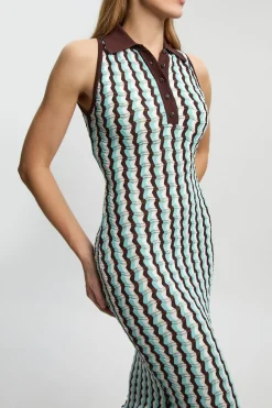 Robe Midi Sans Manches En Maille Pointelle À Col Contrastant Petite Taille