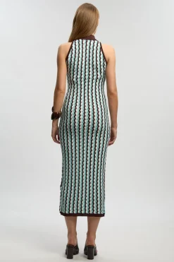 Robe Midi Sans Manches En Maille Pointelle À Col Contrastant Petite Taille
