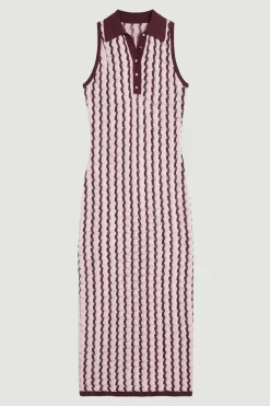 Robe Midi Sans Manches En Maille Pointelle À Col Contrastant