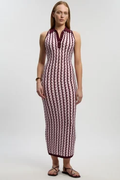 Robe Midi Sans Manches En Maille Pointelle À Col Contrastant