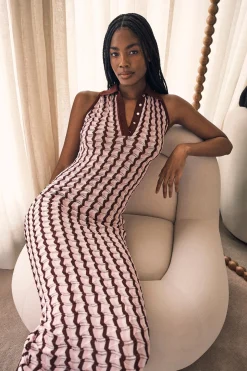 Robe Midi Sans Manches En Maille Pointelle À Col Contrastant