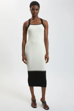 Robe Midi Sans Manches En Maille Côtelée Plissée À Blocs De Couleur