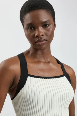 Robe Midi Sans Manches En Maille Côtelée Plissée À Blocs De Couleur